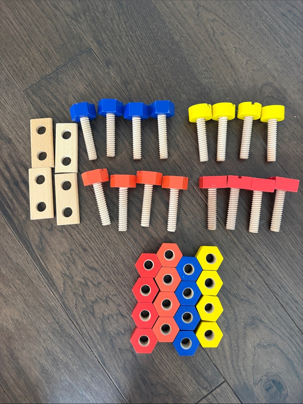 Wooden Bolt and Nut Building Toy Set - Red, Blue, Yellow